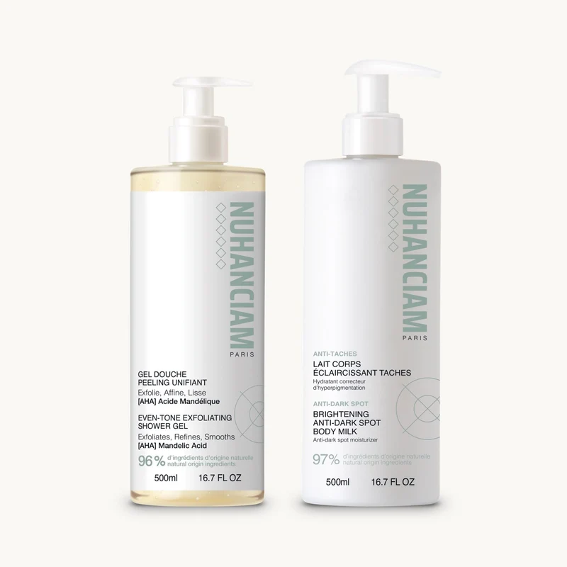 Duo Corps Anti-Taches : Gel Douche Peeling & Lait Corps Éclaircissant Taches