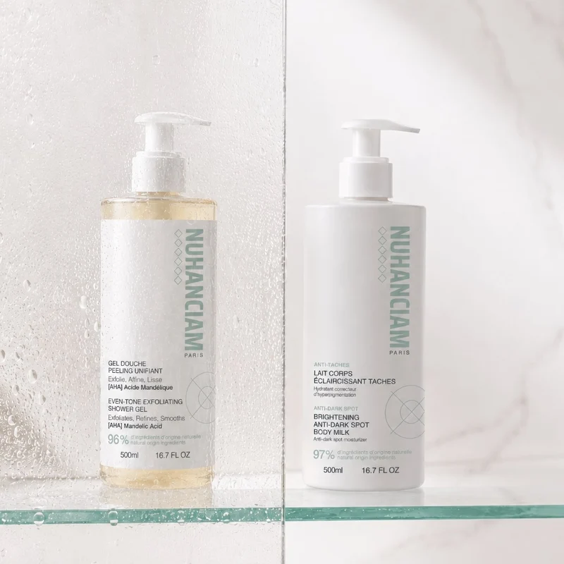 Duo Corps Anti-Taches : Gel Douche Peeling & Lait Corps Éclaircissant Taches