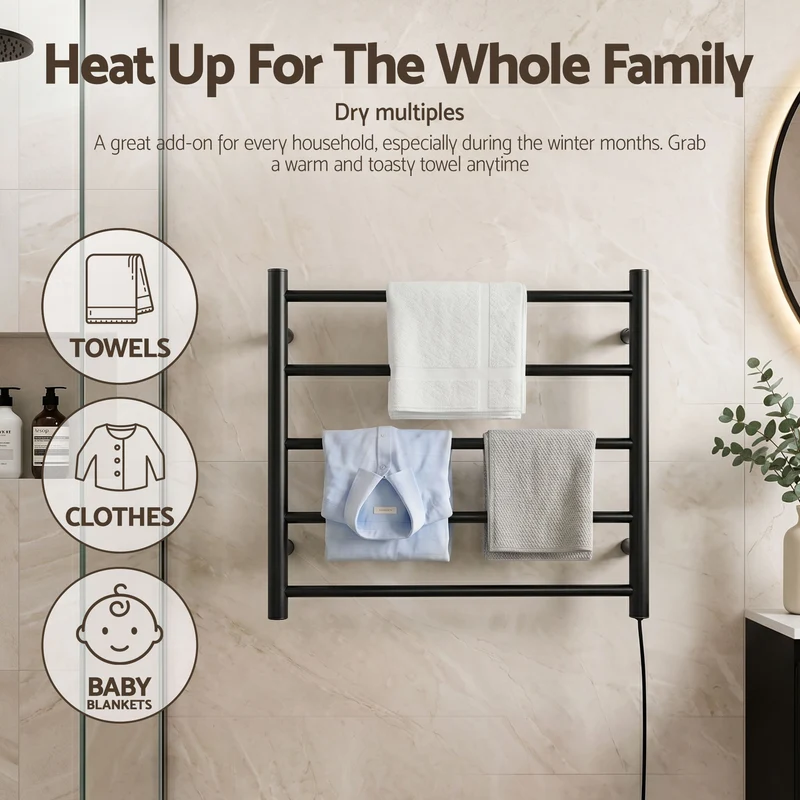 Devanti Electric Heated Towel Rail Rack 5 Bars Wall Mounted Clothes Dry Warmer
