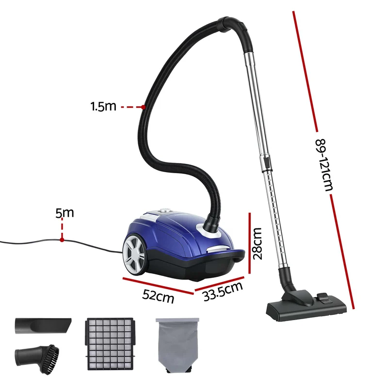 DEVANTI Bagged Vacuum Cleaner Powerful Suction for Carpet Wood Tile Floor (Blue)