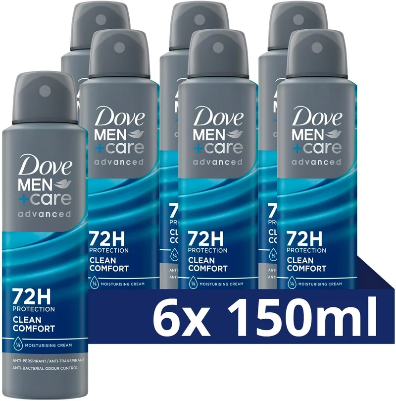 Dove Men+Care Advanced Clean Comfort Anti-Transpirant Deodorant Spray, tot 72 uur bescherming tegen zweet en nare geurtjes - 6 x 150 ml - Voordeelverpakking