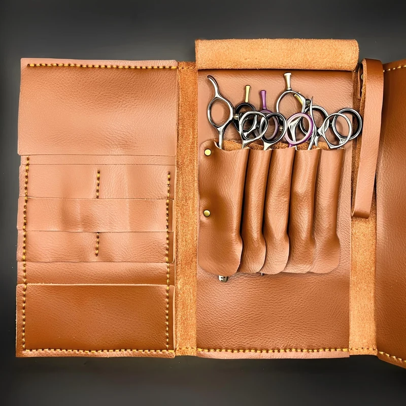 Portefeuille à ciseaux en cuir marron Boho - Étui artisanal à 5 ​​poches