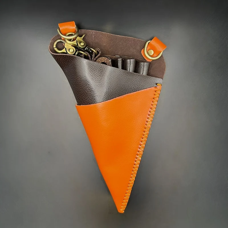 Étui à ciseaux en cuir orange et marron de qualité supérieure - Ceinture professionnelle à 5 poches