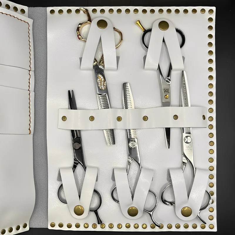Étui à ciseaux en cuir blanc de qualité supérieure - 5 poches pour ciseaux