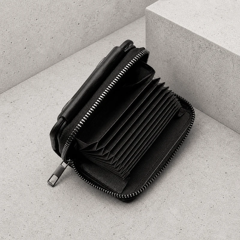 Portefeuille Homme Zippé Compact Anti-RFID Bouton Pression