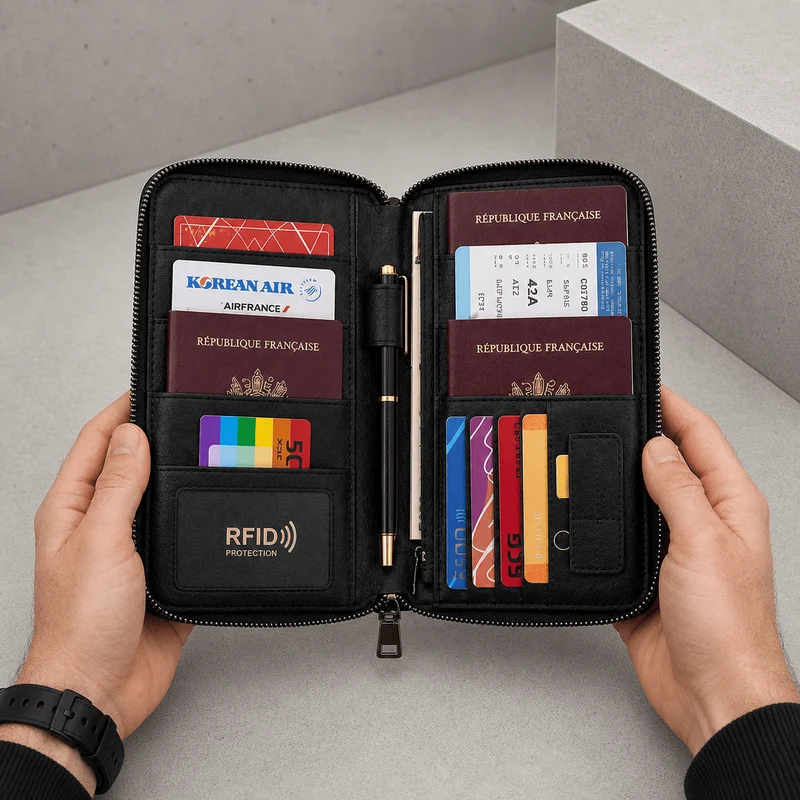Portefeuille Long Homme Voyage Passeport RFID Dragonne