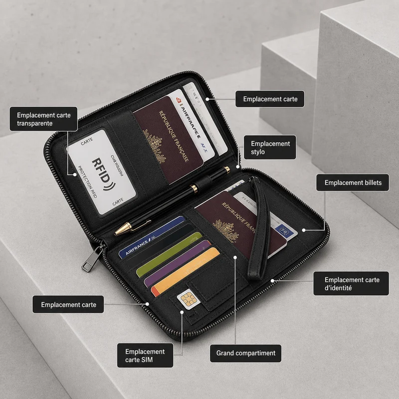 Portefeuille Long Homme Voyage Passeport RFID Dragonne