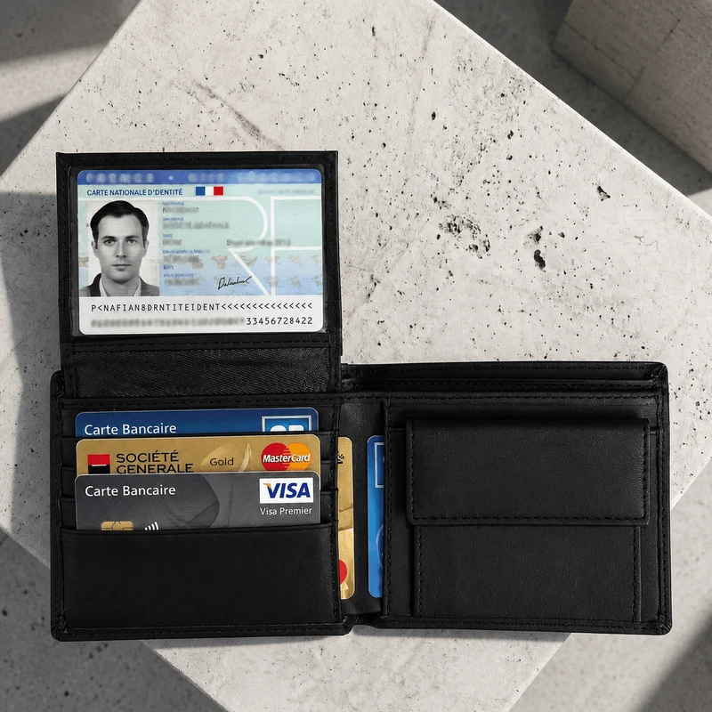 Portefeuille Homme Noir Cuir Véritable Compact Anti RFID