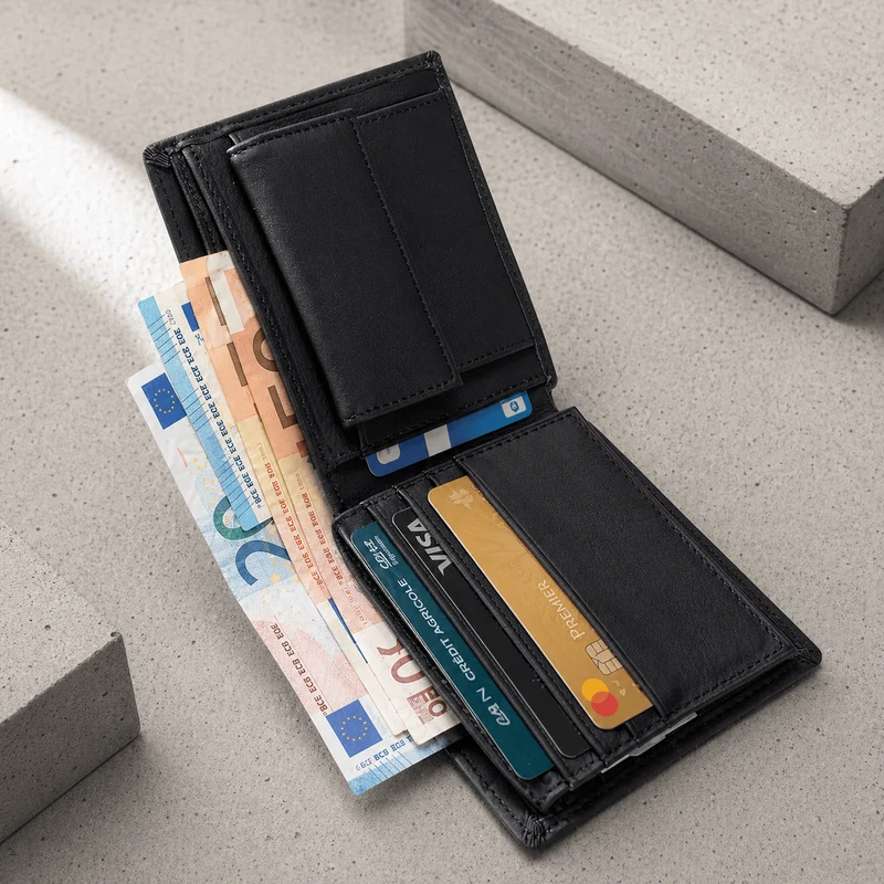 Portefeuille Homme Noir Cuir Véritable Compact Anti RFID