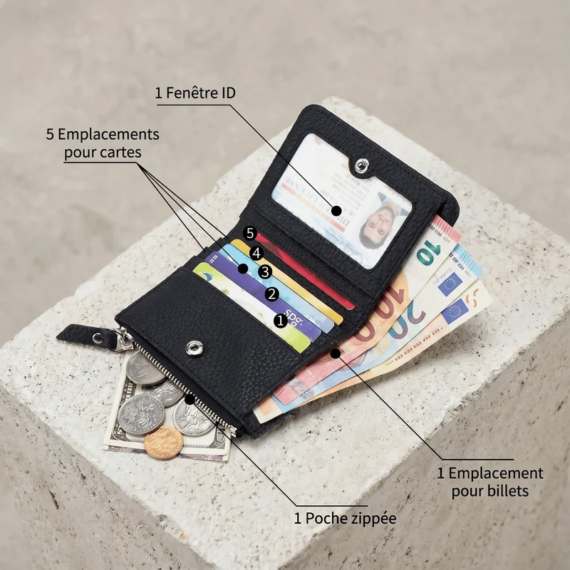 Portefeuille Cuir Homme Compact Zippé Porte-Monnaie RFID