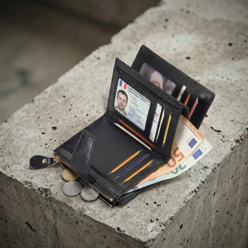 Portefeuille Homme Zippé RFID Porte-Monnaie 12 Cartes