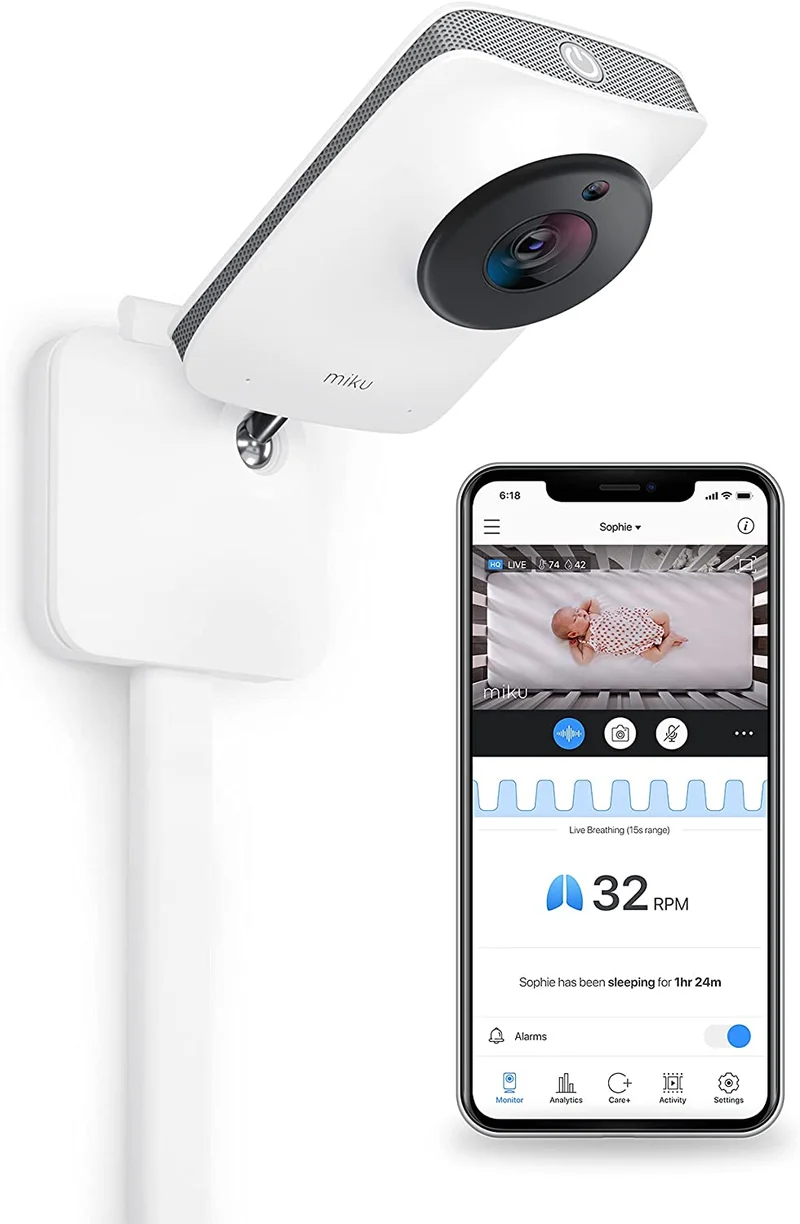 Miku Pro Contact-Free Breathing & Sleep Tracking Monitor - Real-Time Smart Baby Monitor & Wall Mount - HD Video Baby Monitor with Camera & Audio, Night Vision, Humidity & Temperature - Two-Way Talk