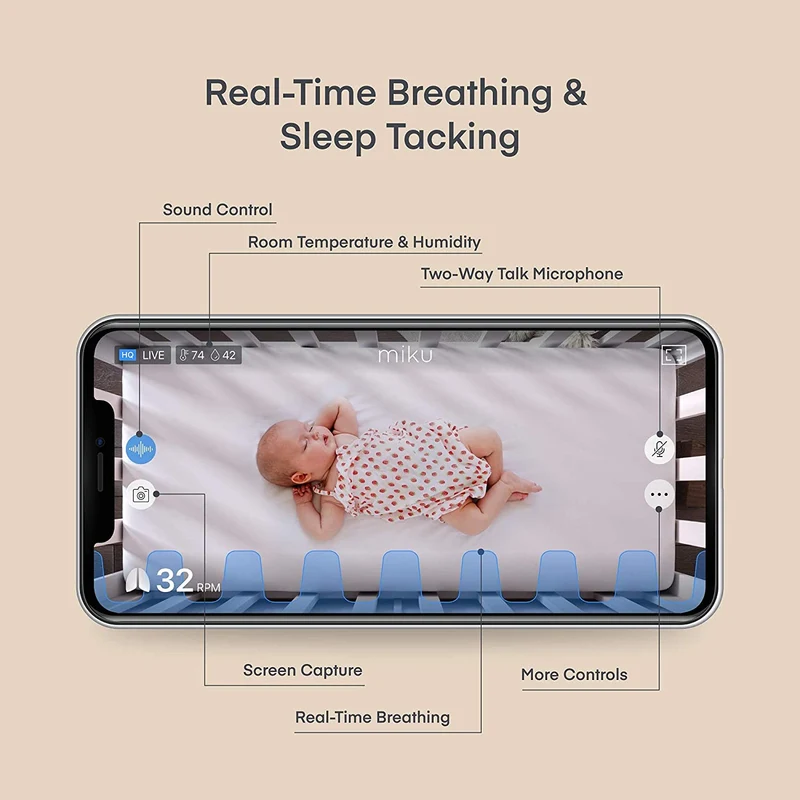Miku Pro Contact-Free Breathing & Sleep Tracking Monitor - Real-Time Smart Baby Monitor & Wall Mount - HD Video Baby Monitor with Camera & Audio, Night Vision, Humidity & Temperature - Two-Way Talk