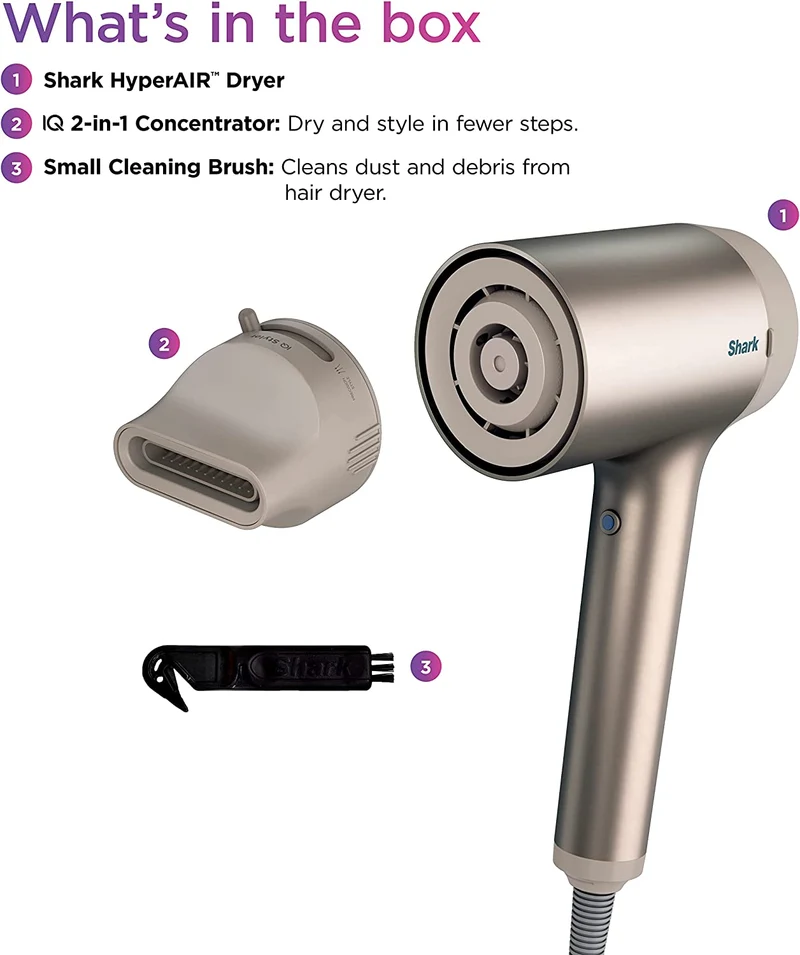 Shark HD102C Blow Dryer HyperAIR Fast-Drying with IQ 2-in-1 Concentrator, Ionic, No Heat Damage, for All Hair Types, Stone (Open Box )