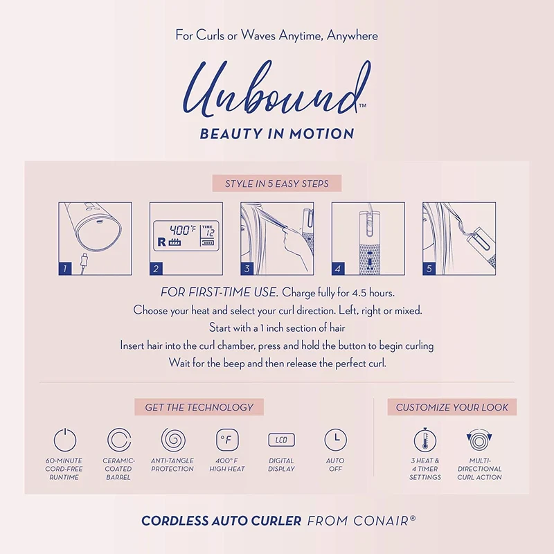 Unbound Cordless Auto Curler from Conair CR510RC - The First High Performance Cordless, Rechargeable Auto Curler for Curls or Waves Anytime, Anywhere Open Box