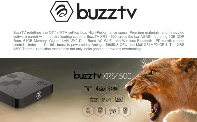 BuzzTV XRS4500 - Android 9 Set-Top Box 4K Ultra HD - 4GB RAM 64GB Storage