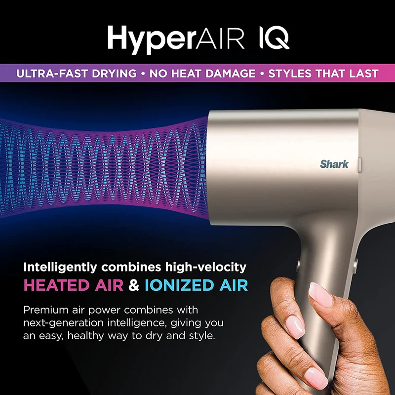 Shark HD102C Blow Dryer HyperAIR Fast-Drying with IQ 2-in-1 Concentrator, Ionic, No Heat Damage, for All Hair Types, Stone