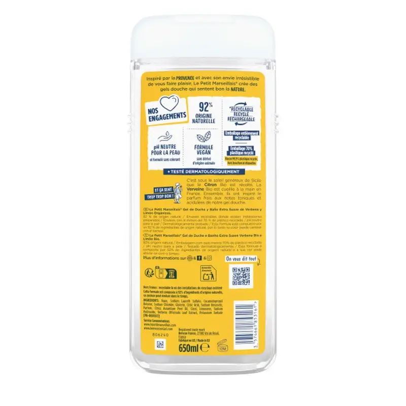 Le Petit Marseillais Extra Gentle Shower Gel with Organic Verbena and Organic Lemon, 650 ml