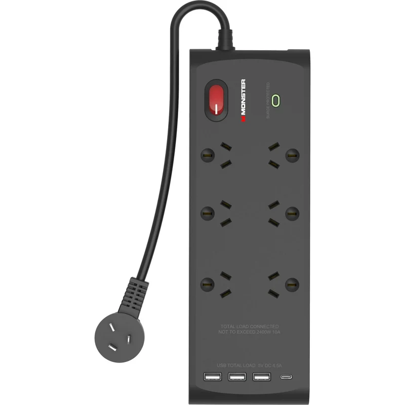 Monster USB 6 Port Surge Protector Power Board (Black)