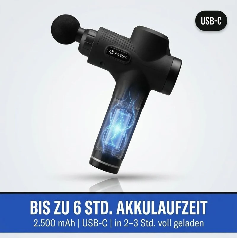 Massagepistole | 30 Intensitätsstufen, 6 Massageköpfe und 6 Stunden Akkulaufzeit