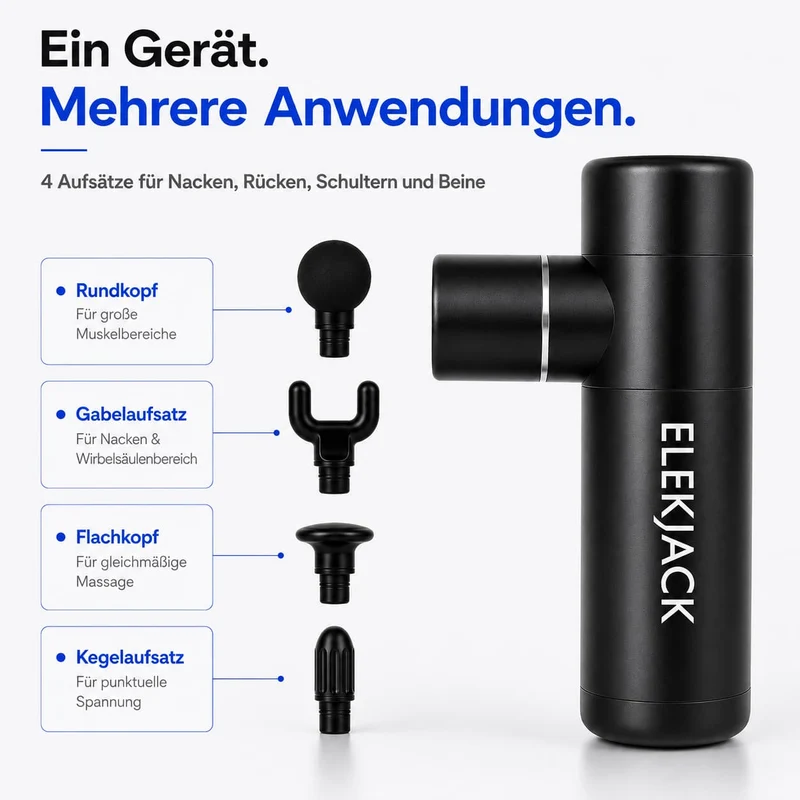 Massagepistole | Kompaktes Muskelmassagegerät mit 4 Aufsätzen und 4 Intensitätsstufen
