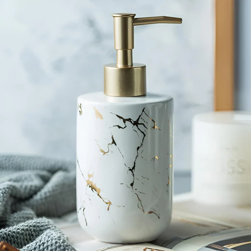 Luxus-Seifenspender aus Keramik | Marmoroptik & goldene Akzente | 400 ml, stilvoll für Bad & Küche