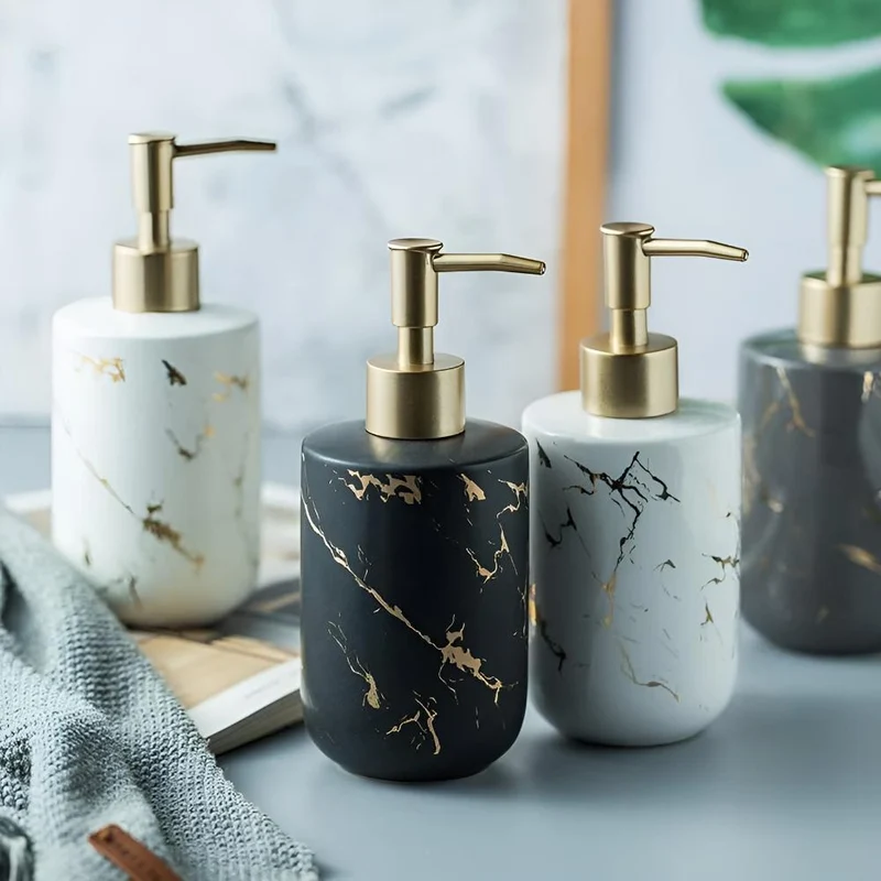 Luxus-Seifenspender aus Keramik | Marmoroptik & goldene Akzente | 400 ml, stilvoll für Bad & Küche