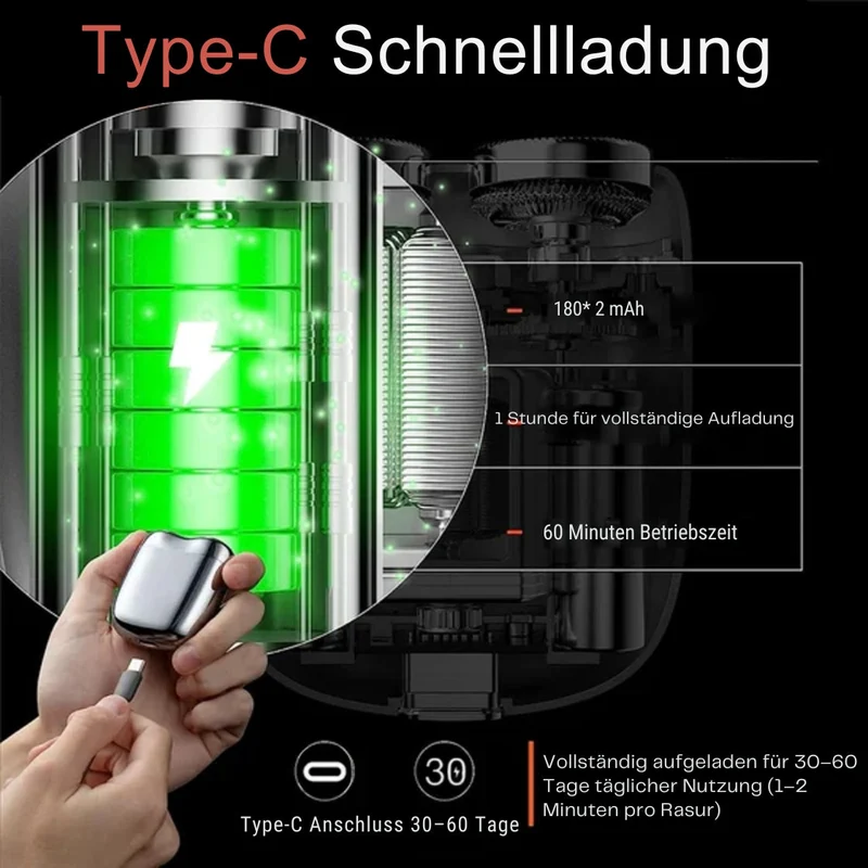Kompakter Elektrorasierer wasserdicht IPX6 | USB-aufladbar & 60 Min Laufzeit | Aluminiumgehäuse | Für Nass- & Trockenrasur