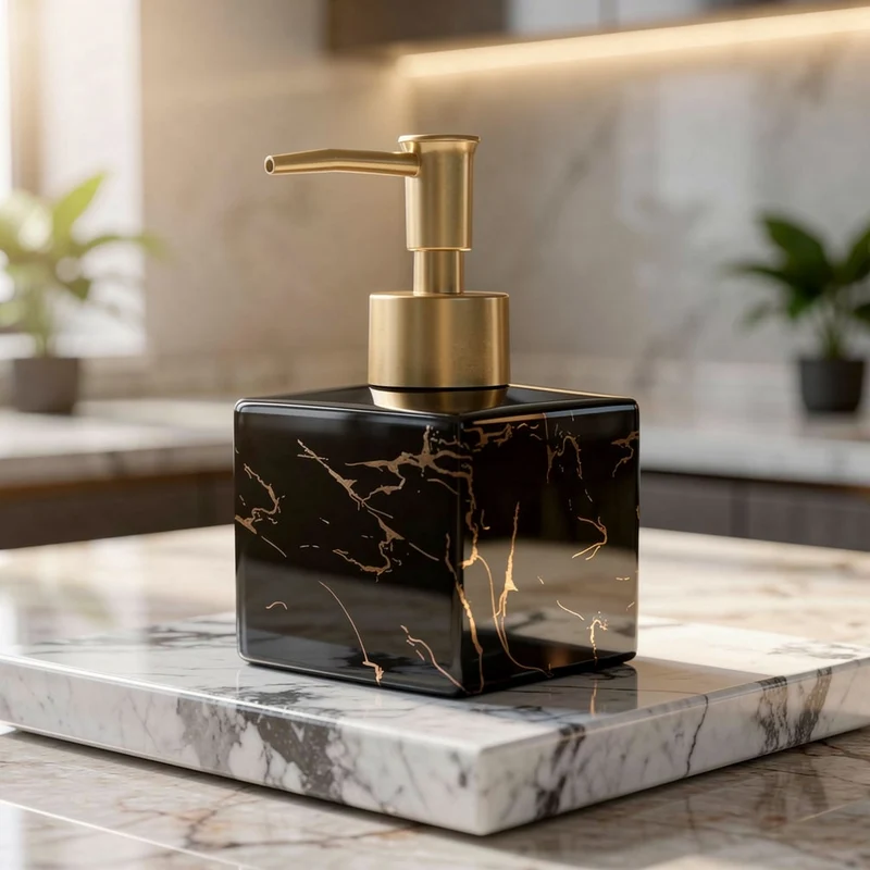 Marmoroptik Seifenspender Keramik 280 ml | Mattgold-Pumpe | Für Küche & Bad, Seife Shampoo Lotion Spülmittel