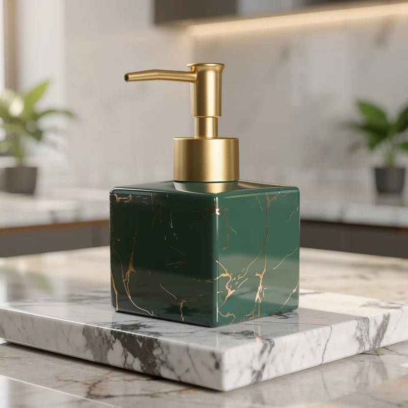 Marmoroptik Seifenspender Keramik 280 ml | Mattgold-Pumpe | Für Küche & Bad, Seife Shampoo Lotion Spülmittel