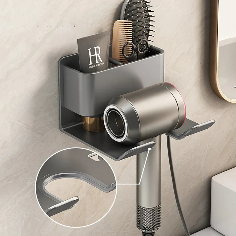 Haarpflege Organizer Wandhalterung für Badezimmer | Föhnhalter & Bürstenablage | Aluminium & Kunststoff | platzsparend
