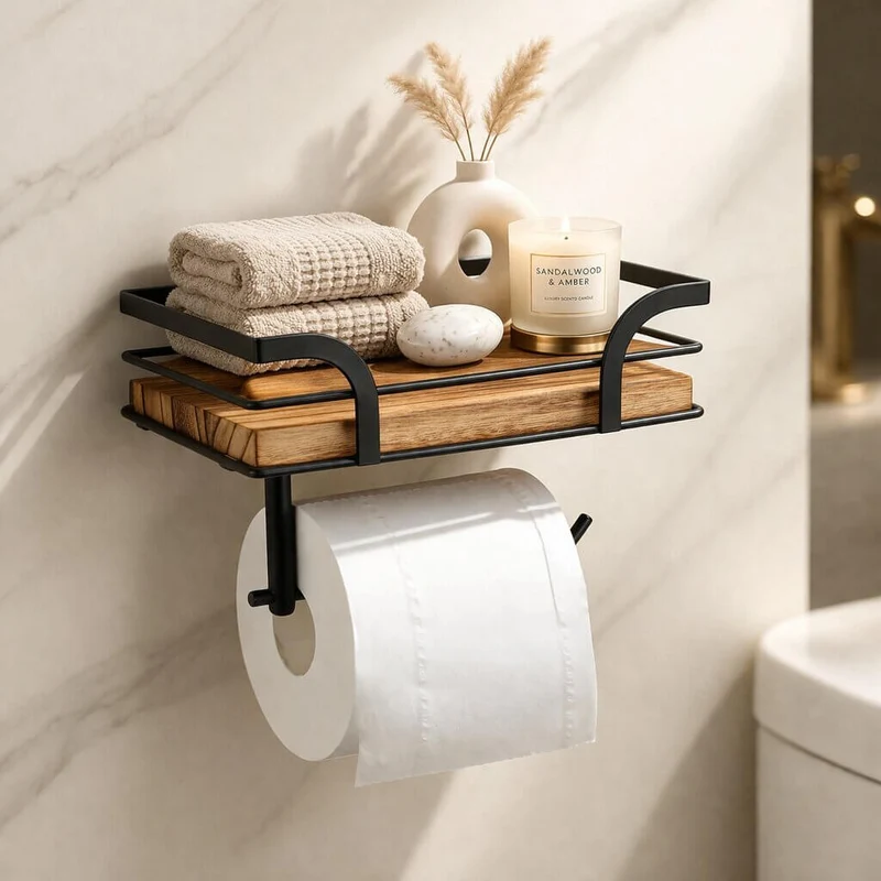 Wandregal mit Toilettenpapierhalter Metall & Naturholz | 20,32 cm Badregal zur Wandmontage | Für Badezimmer & WC Nordvero