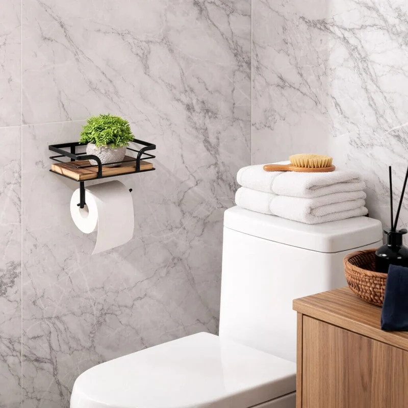 Wandregal mit Toilettenpapierhalter Metall & Naturholz | 20,32 cm Badregal zur Wandmontage | Für Badezimmer & WC Nordvero
