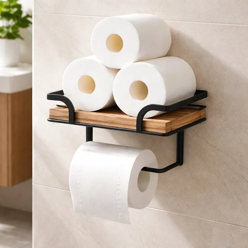 Wandregal mit Toilettenpapierhalter Metall & Naturholz | 20,32 cm Badregal zur Wandmontage | Für Badezimmer & WC Nordvero
