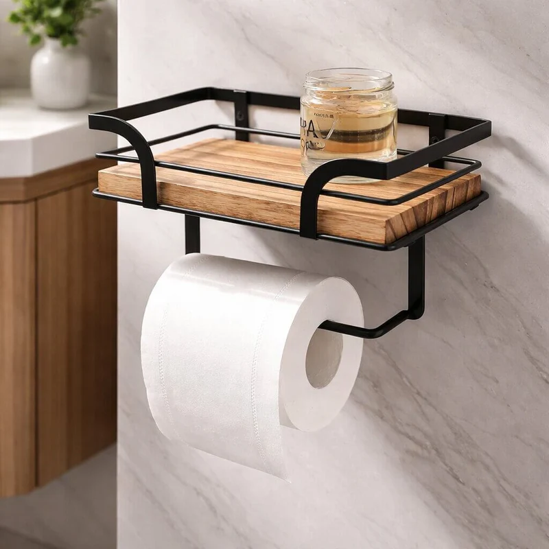 Wandregal mit Toilettenpapierhalter Metall & Naturholz | 20,32 cm Badregal zur Wandmontage | Für Badezimmer & WC Nordvero