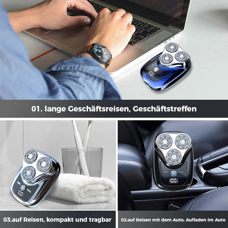 Elektrischer Herrenrasierer 3-in-1 mit 3 Scherköpfen | Nass & Trocken, LED-Akkuanzeige | Abwaschbarer Kopf, 45–60 Min Laufzeit