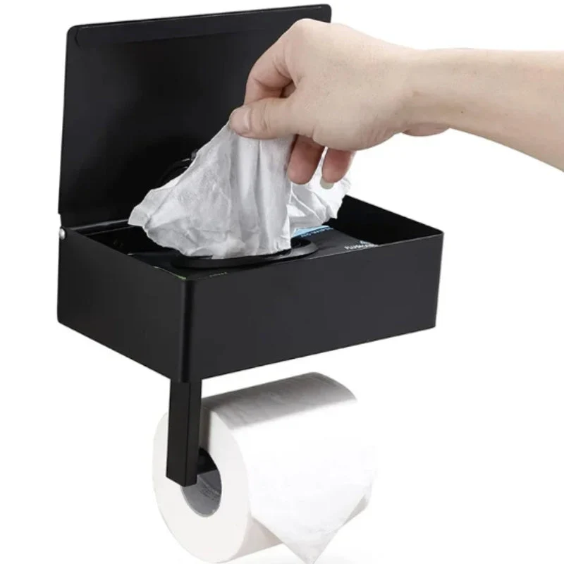 Toilettenpapierhalter mit Ablagefach | Matte Oberfläche, wandmontiert | Handyablage & hygienisches Staufach | Schwarz/Weiß/Silber