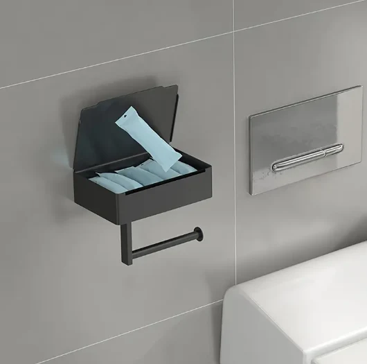 Toilettenpapierhalter mit Ablagefach | Matte Oberfläche, wandmontiert | Handyablage & hygienisches Staufach | Schwarz/Weiß/Silber