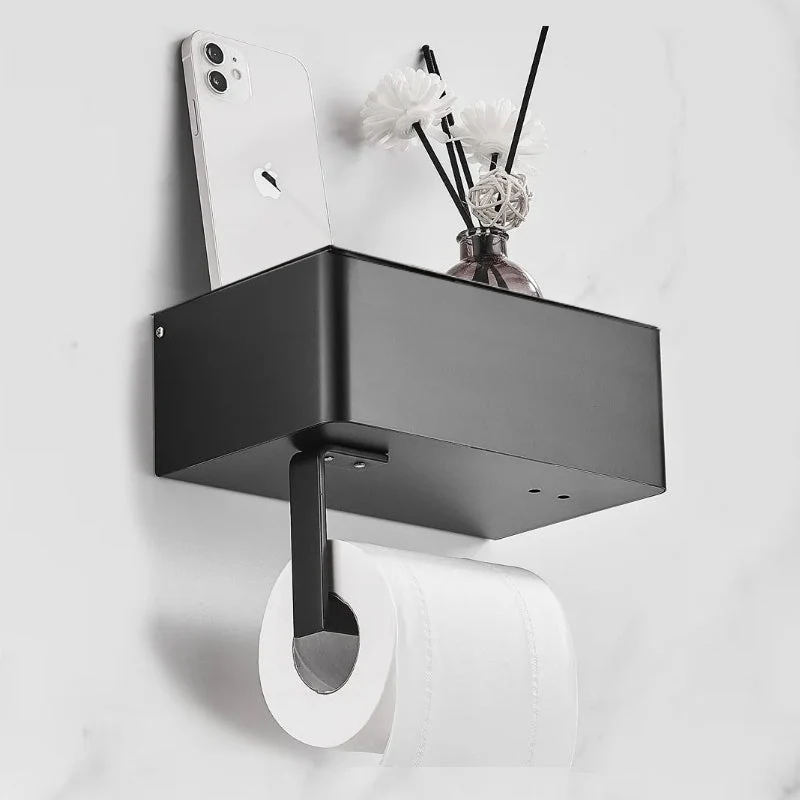 Toilettenpapierhalter mit Ablagefach | Matte Oberfläche, wandmontiert | Handyablage & hygienisches Staufach | Schwarz/Weiß/Silber