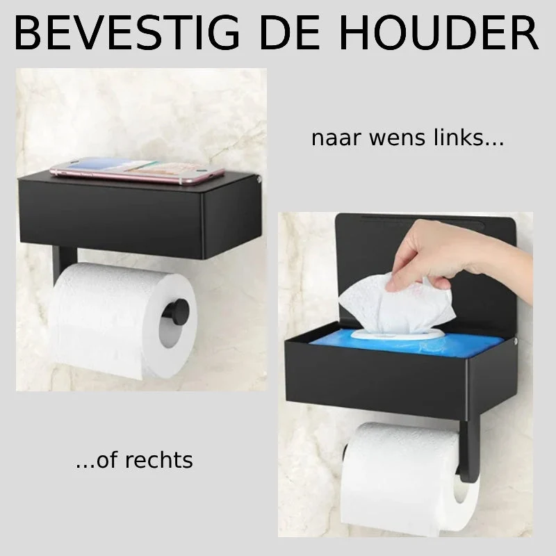Toilettenpapierhalter mit Ablagefach | Matte Oberfläche, wandmontiert | Handyablage & hygienisches Staufach | Schwarz/Weiß/Silber