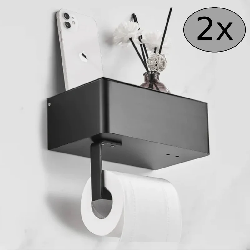 Toilettenpapierhalter mit Ablagefach | Matte Oberfläche, wandmontiert | Handyablage & hygienisches Staufach | Schwarz/Weiß/Silber