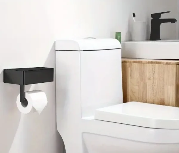 Toilettenpapierhalter mit Ablagefach | Matte Oberfläche, wandmontiert | Handyablage & hygienisches Staufach | Schwarz/Weiß/Silber