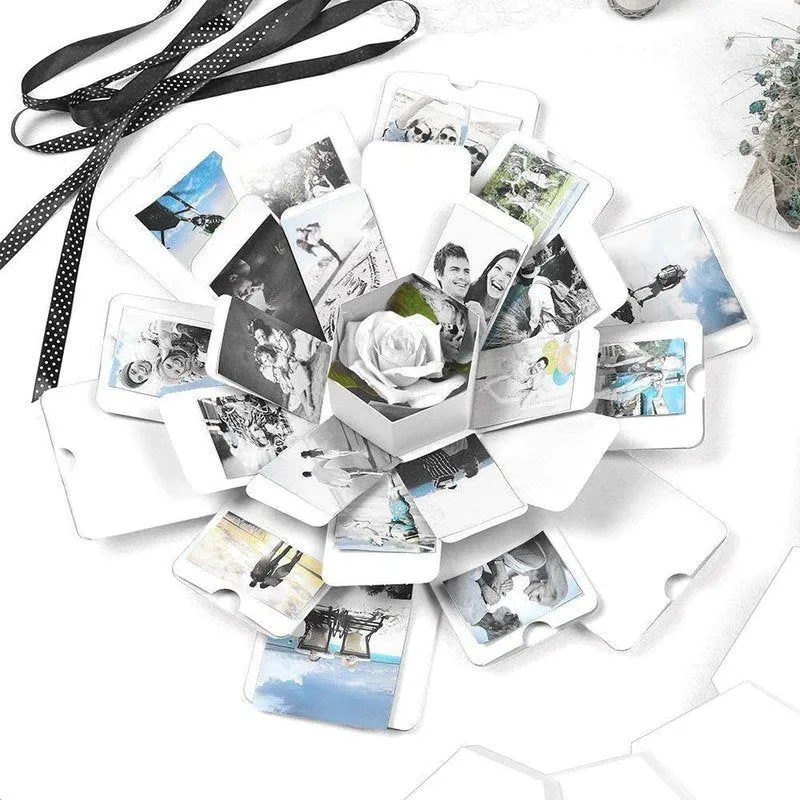 Explosionsbox für Fotos | FotoÜberraschung Geschenkbox mit 4 Schichten | Platz für 18 Bilder | Mit Fach für Mini-Geschenk