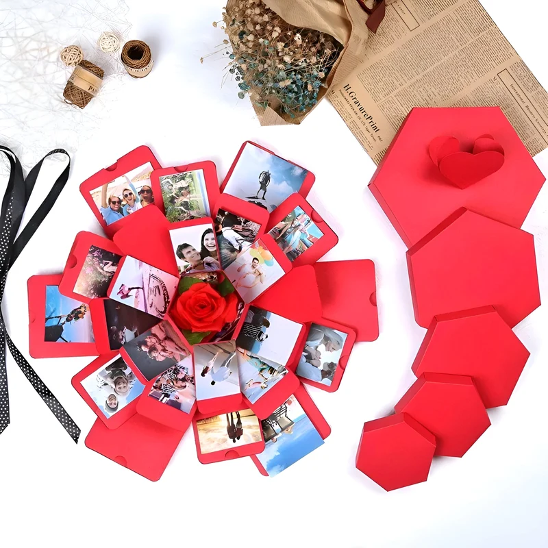 Explosionsbox für Fotos | FotoÜberraschung Geschenkbox mit 4 Schichten | Platz für 18 Bilder | Mit Fach für Mini-Geschenk