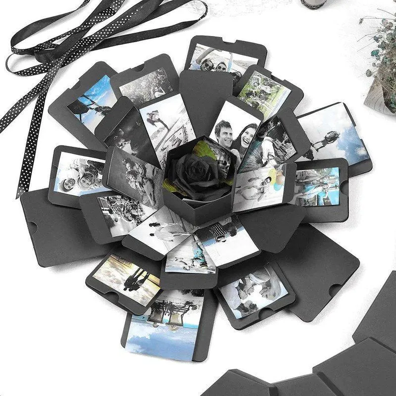 Explosionsbox für Fotos | FotoÜberraschung Geschenkbox mit 4 Schichten | Platz für 18 Bilder | Mit Fach für Mini-Geschenk