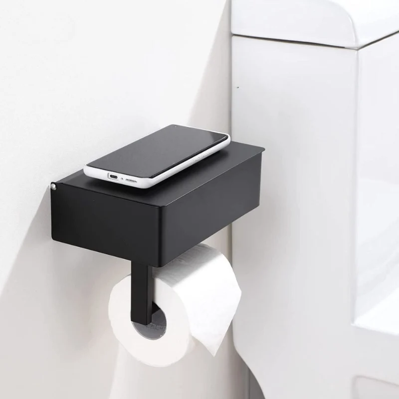 Toilettenpapierhalter Edelstahl mit Ablage | Handy- & Feuchttücherfach | 20,5×13×6,5 cm | Kleben oder Schrauben, rostbeständig