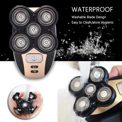 Elektrischer Rasierer 5-in-1 | 5 flexible Köpfe für Gesicht & Kopf | IPX7 wasserdicht | Kabellos, 45 Min Laufzeit, 600 mAh