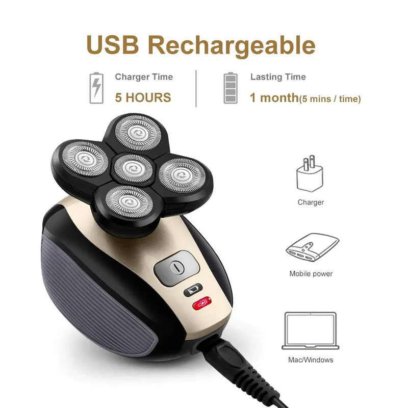 Elektrischer Rasierer 5-in-1 | 5 flexible Köpfe für Gesicht & Kopf | IPX7 wasserdicht | Kabellos, 45 Min Laufzeit, 600 mAh