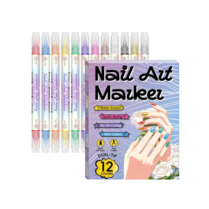Nagelkunst-Stift-Set mit 2 Spitzen | Schnell trocknend, wasserbasiert | 12 oder 24 Farben | Ohne UV-Lampe | Optional mit Nagelöl