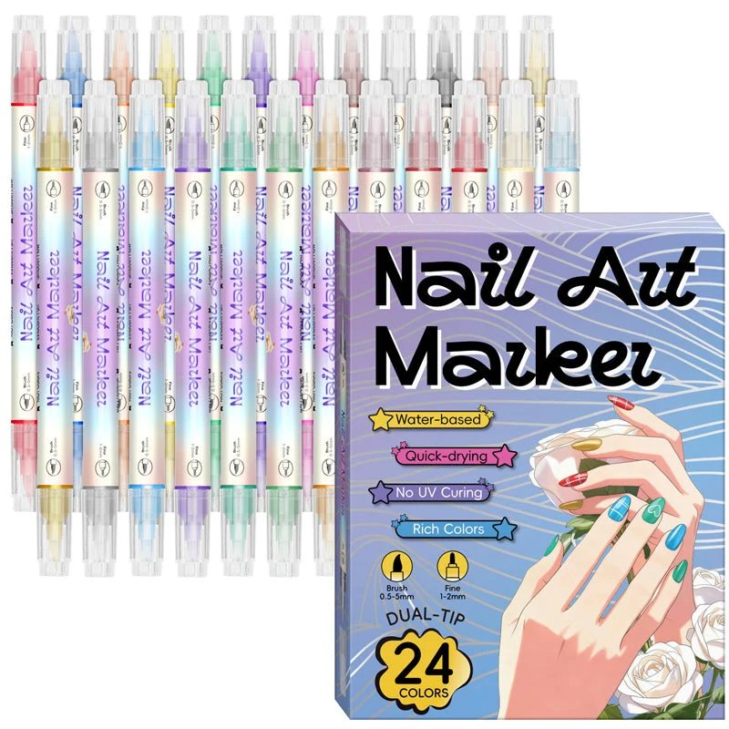 Nagelkunst-Stift-Set mit 2 Spitzen | Schnell trocknend, wasserbasiert | 12 oder 24 Farben | Ohne UV-Lampe | Optional mit Nagelöl